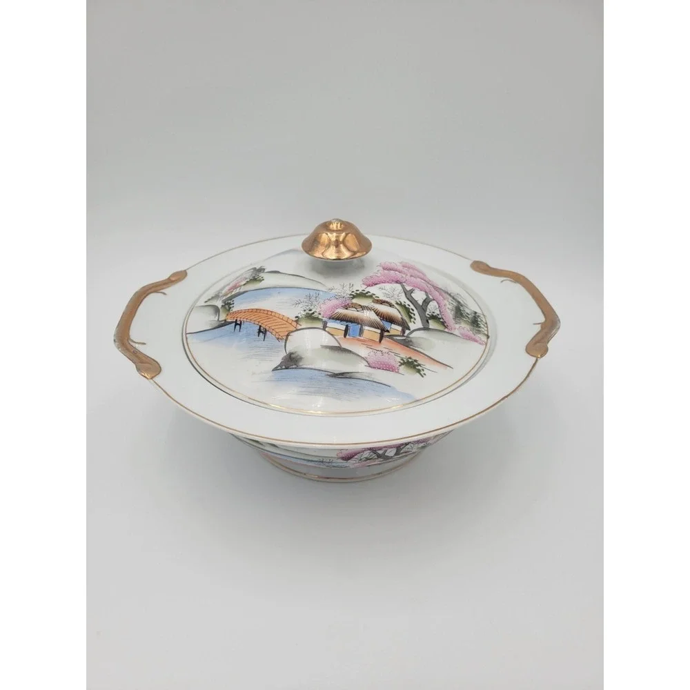 Kutani China Tureen Japan Bridge Textured pink trees KUT21‎ bowl lid AS-IS